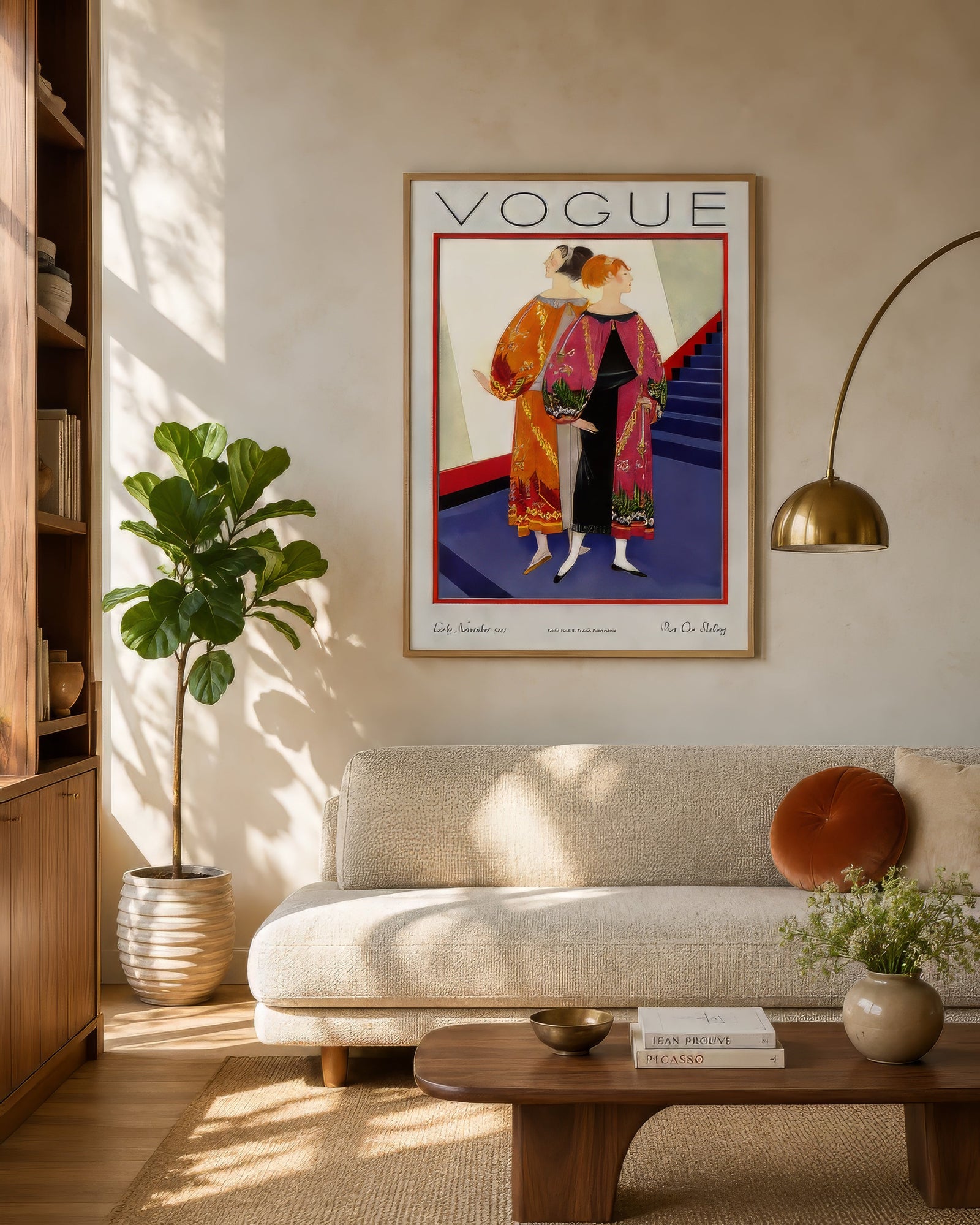 Vintage Vogue fashion poster in orange, red, and purple, framed in wood above a cream sofa in a sunlit modern living room.