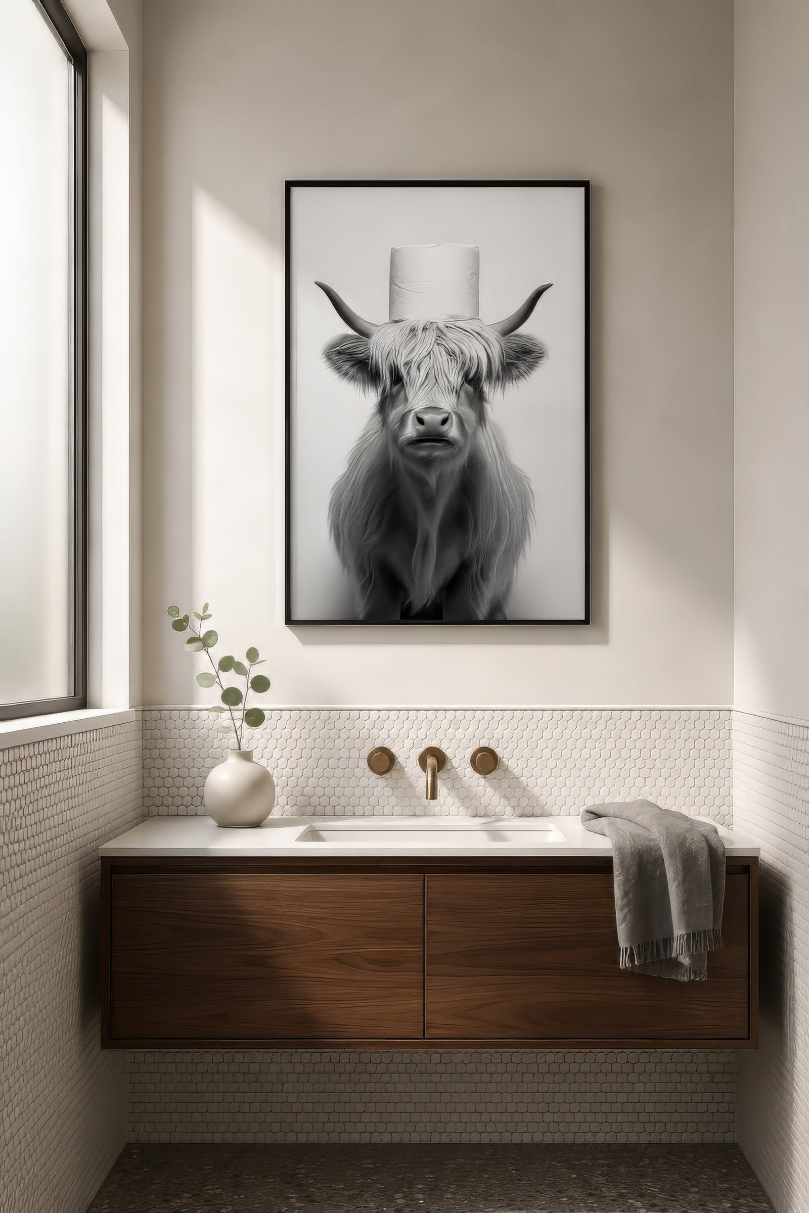 Monochrome Highland cow portrait in a black frame above a wood vanity, witty powder room wall art.