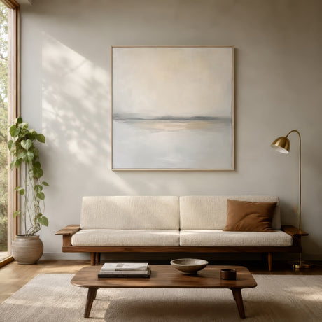 Minimalist landscape canvas with soft horizon and open sky in cream and gray tones above a console in a calm neutral living room.