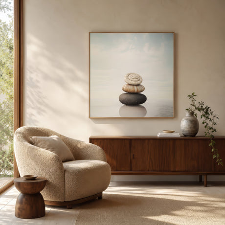 Zen stacked stones over calm water in muted blue and beige, framed canvas above wood console in a serene entryway.
