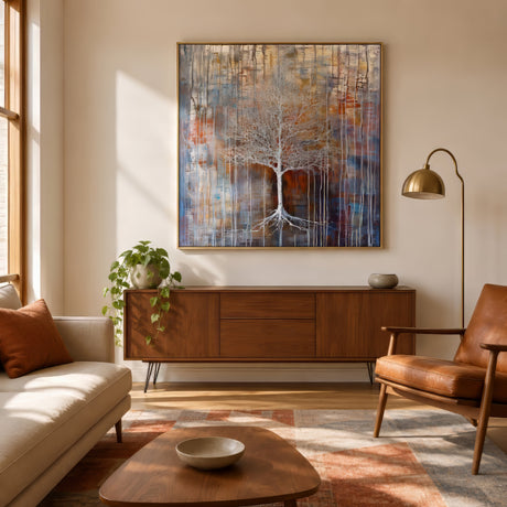 Textured abstract Tree of Life painting in blue, rust, and gold above a walnut console in a warm neutral living room with brass floor lamp.