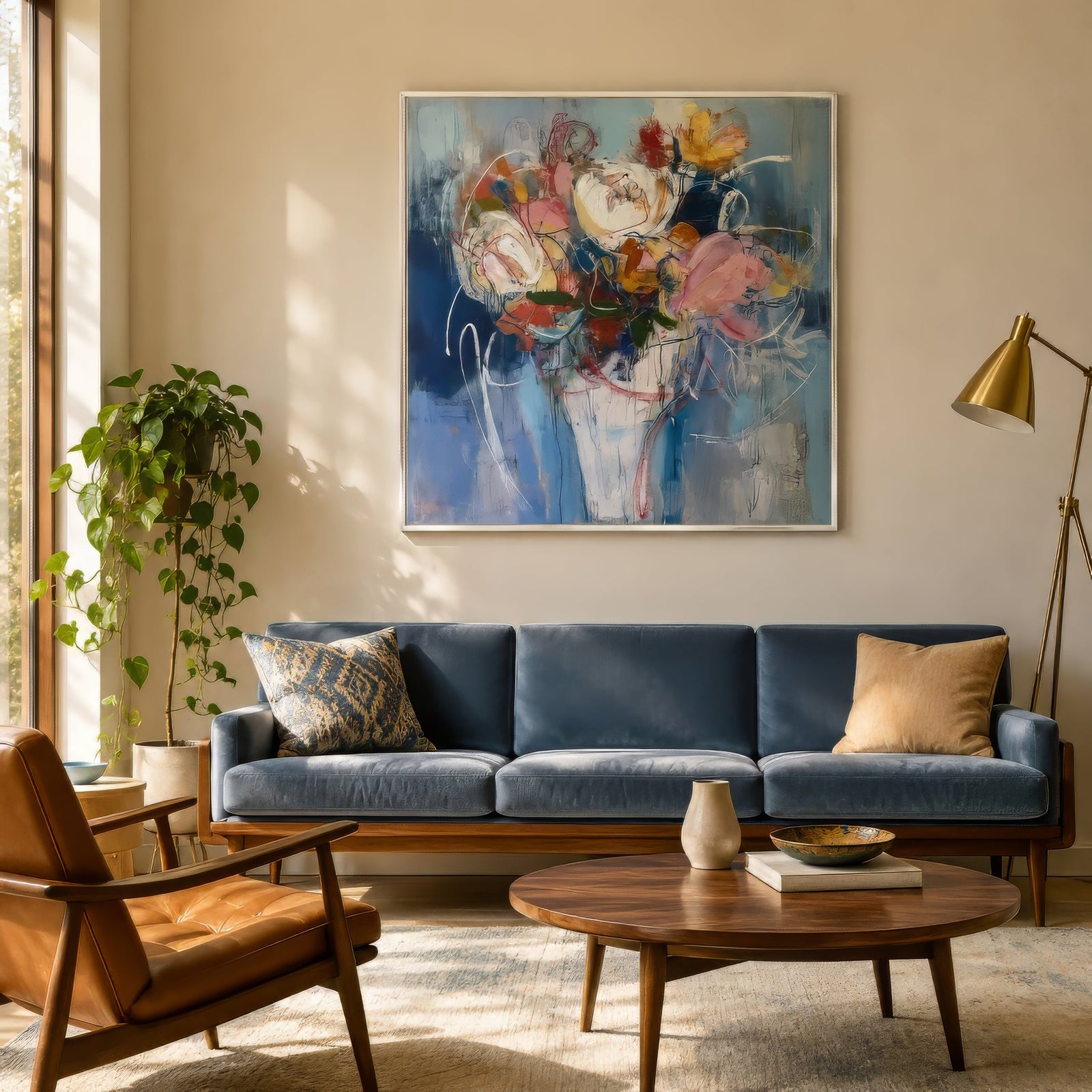 Contemporary abstract floral painting in blue, coral, and gold, white-framed above a navy sofa in a warm mid-century living room.