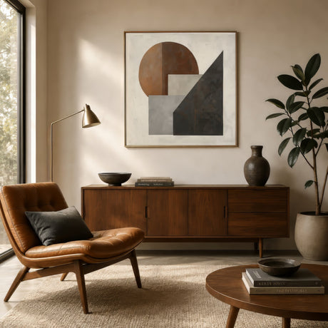 Vertical geometric abstract canvas in rust, charcoal grey and ivory, framed above a walnut console in a small mid-century living room.