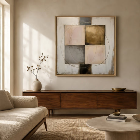 Minimalist abstract geometric artwork in blush, gold, and grey with circle motif, light wood frame above a walnut console in a calm living room.