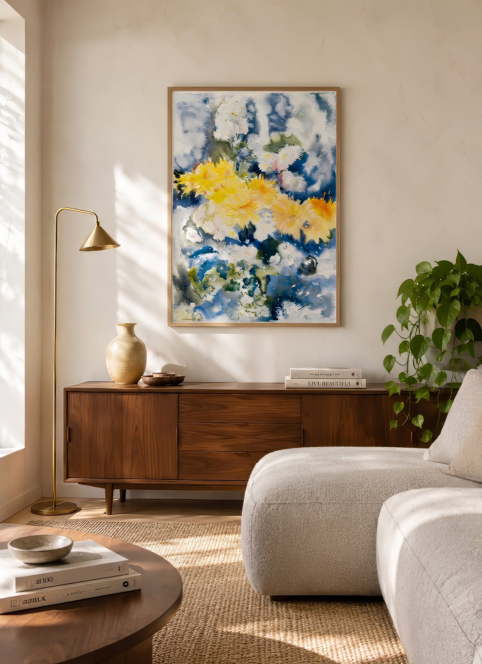 Abstract watercolor floral canvas in yellow, white, and blue, oak frame, above mid-century console in a sunlit modern living room.