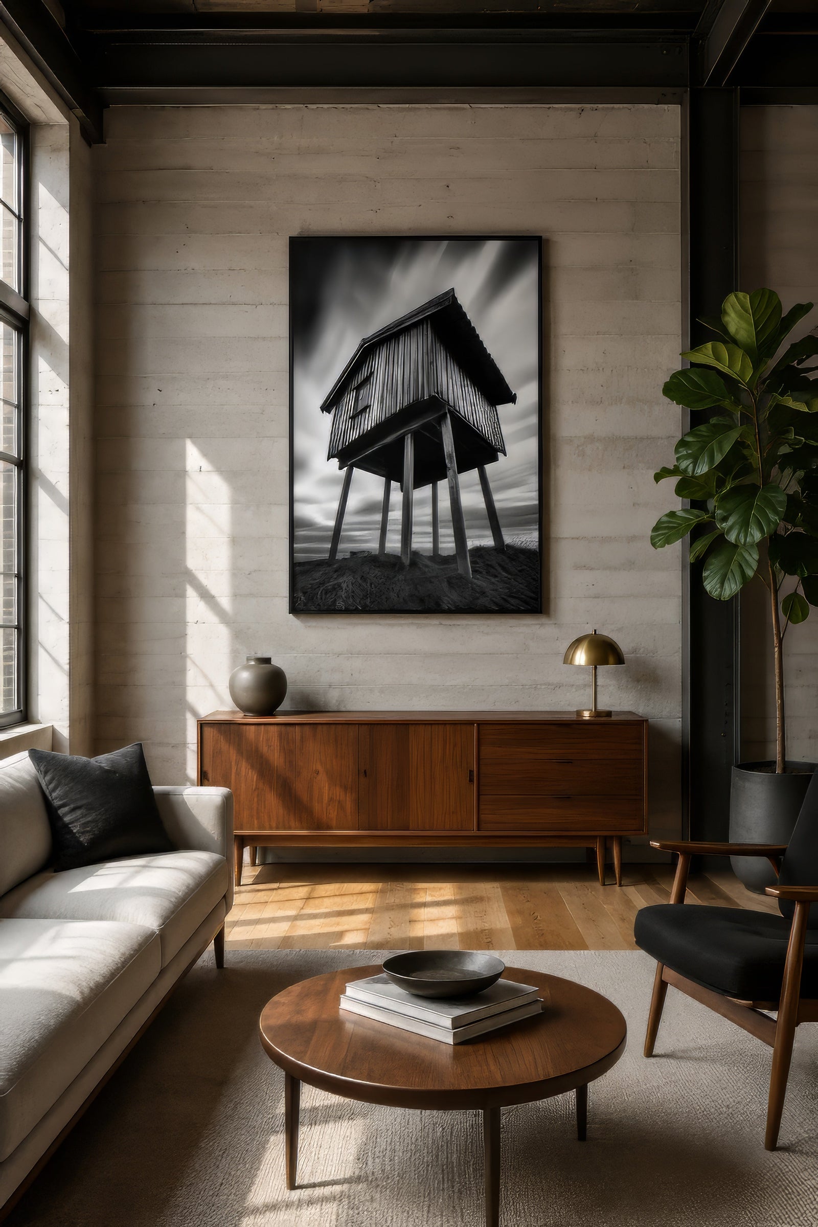 Black and white architectural canvas of an elevated stilt house on exposed brick wall in an industrial loft living room