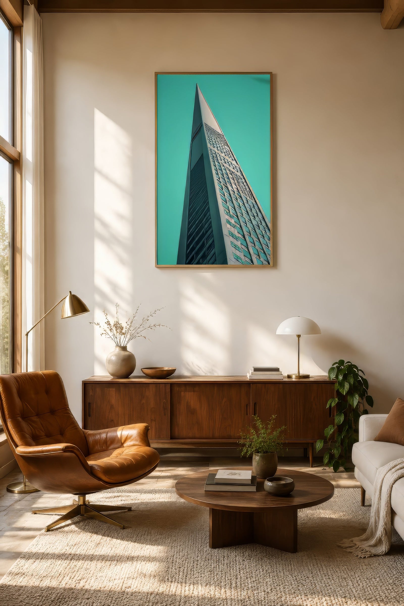 Vertical architectural photo of a teal-sky skyscraper in wood frame, hung high in a mid-century living room to lift the ceiling.