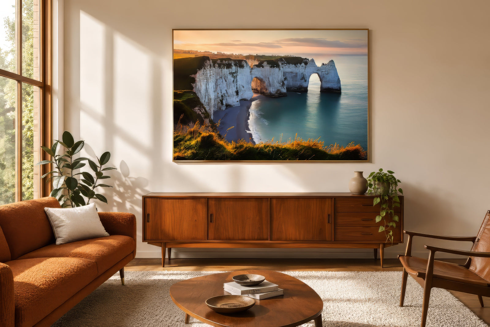 Framed landscape print of Étretat's chalk cliffs and arch in gold and turquoise, hung above a mid-century console in a warm modern living room.