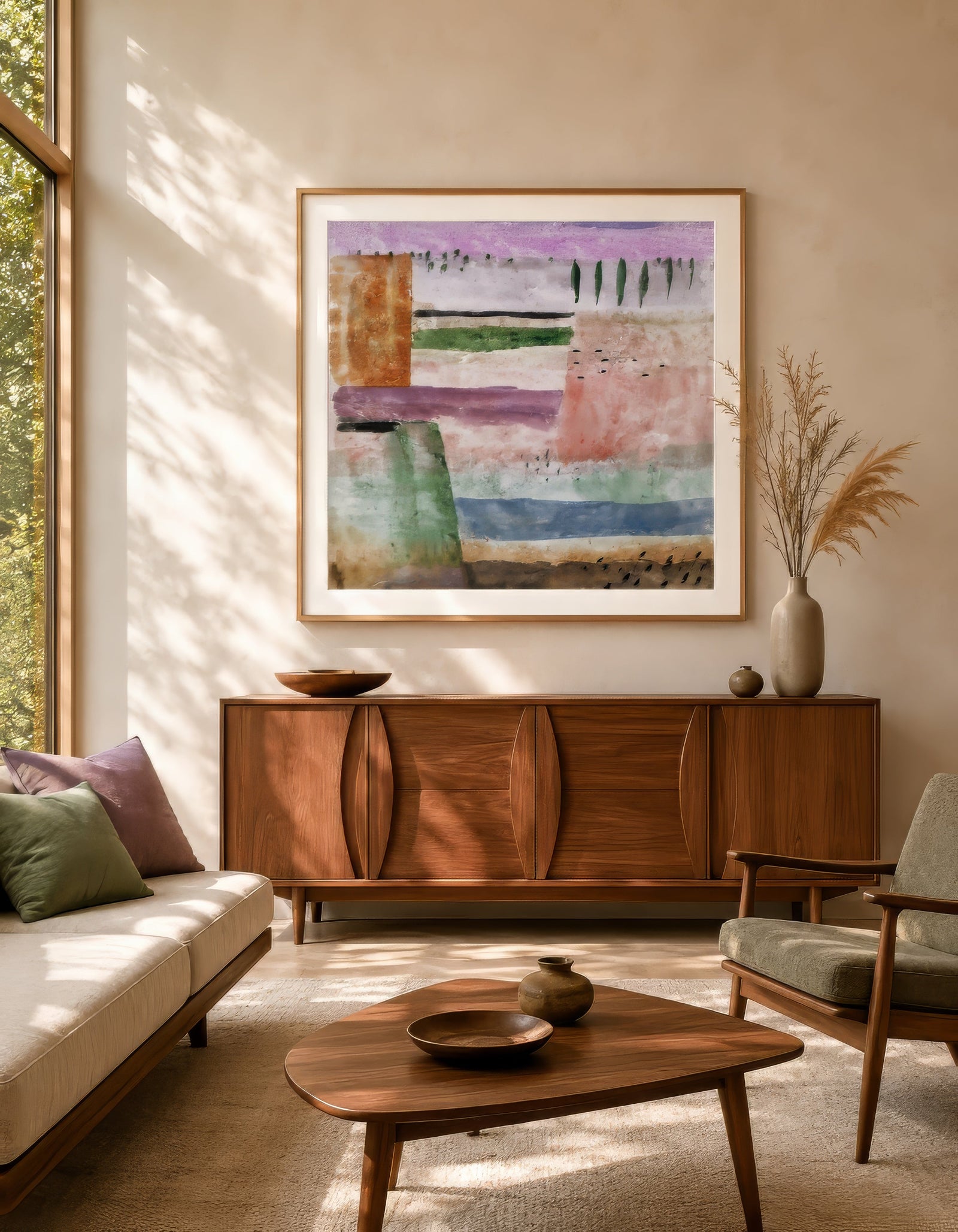 Abstract pastel landscape canvas in lilac, green, and coral, light wood frame, above mid-century walnut sideboard in sunlit living room.