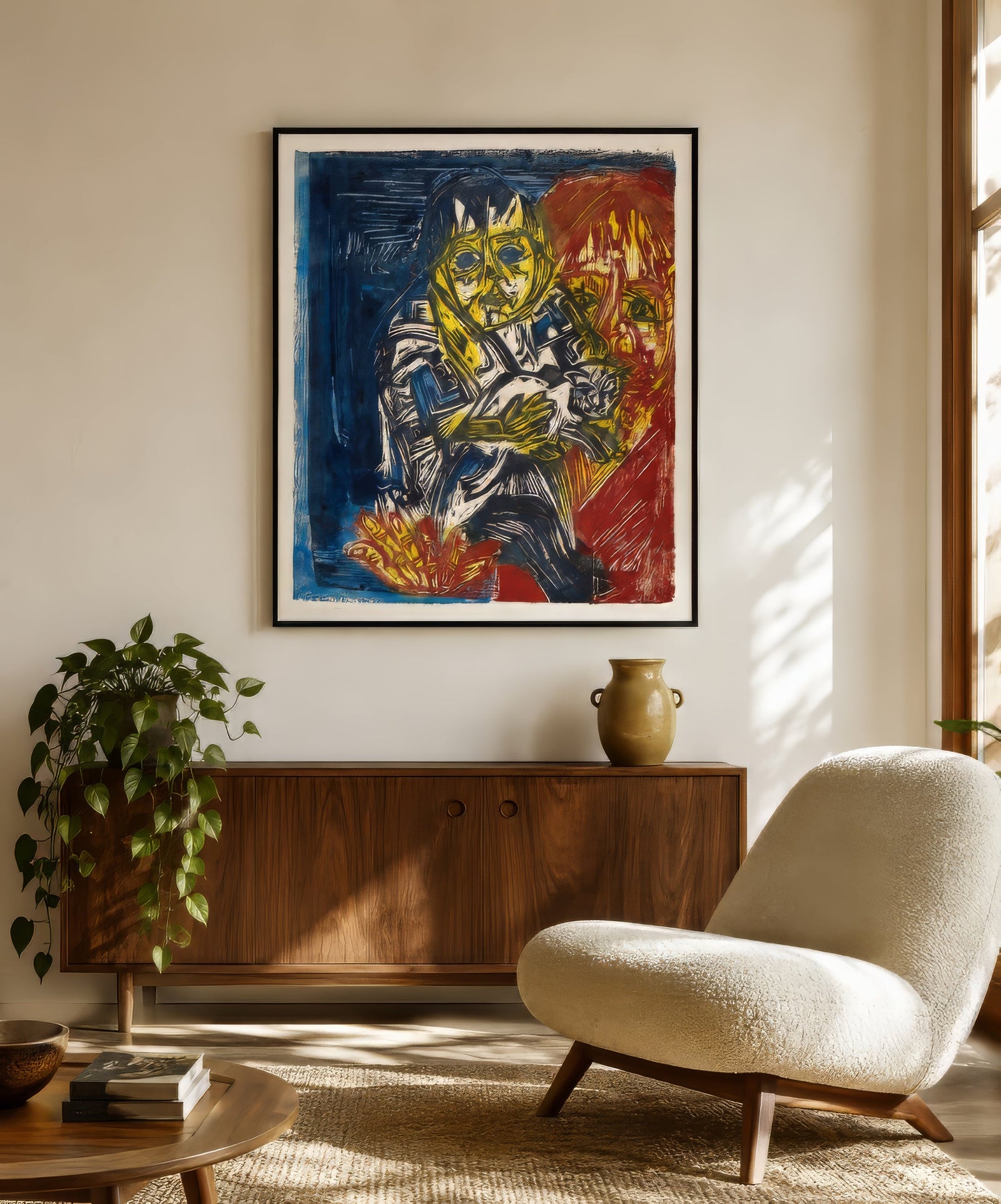 Surreal expressionist canvas of a seated figure in blue, red, and gold, framed in black above a walnut console in a sunlit modern living room.