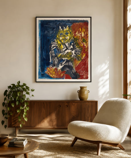 Surreal expressionist canvas of a seated figure in blue, red, and gold, framed in black above a walnut console in a sunlit modern living room.