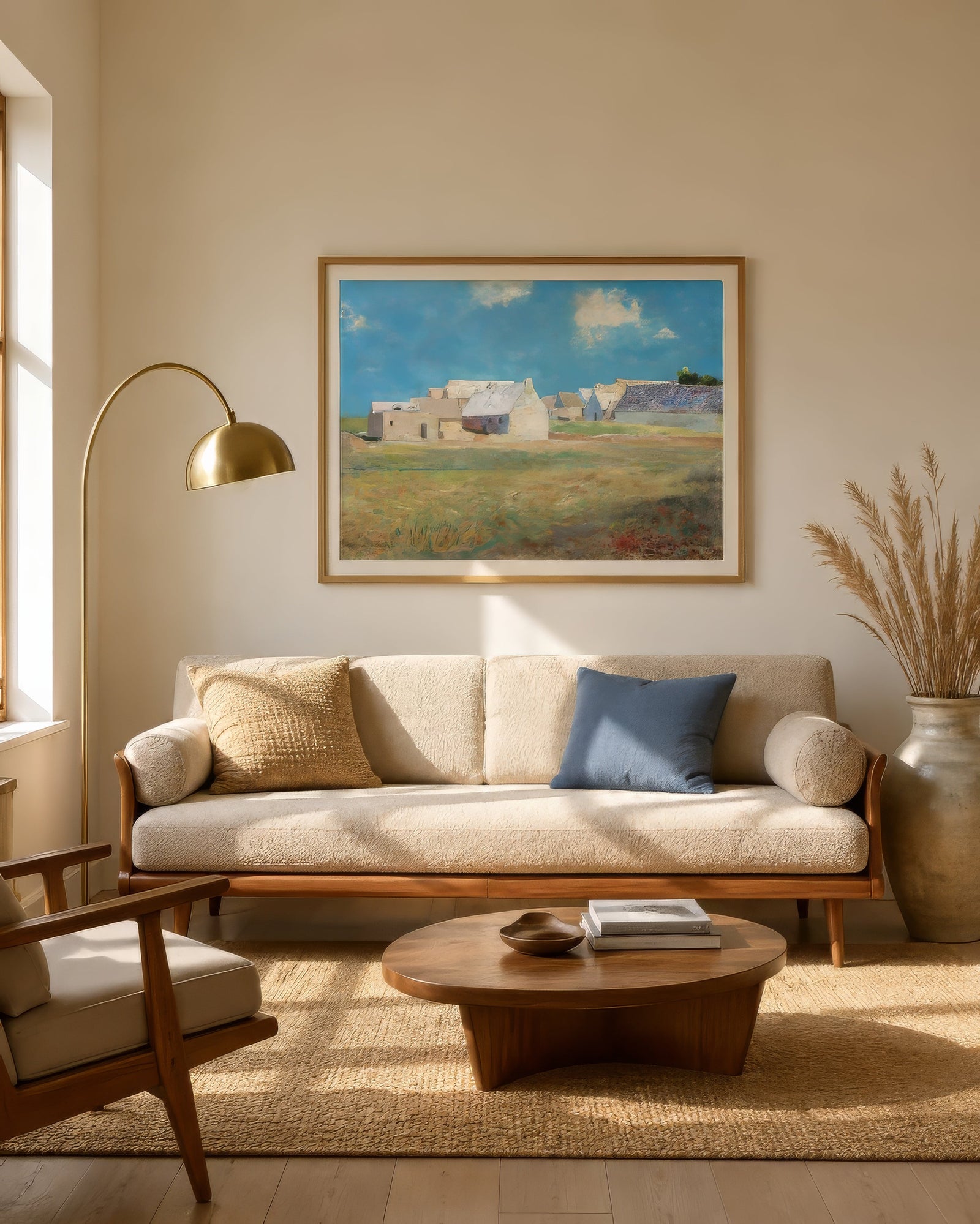 Impressionist Mediterranean village landscape in blue, ochre, and white, framed above a cream sofa in a warm neutral living room.