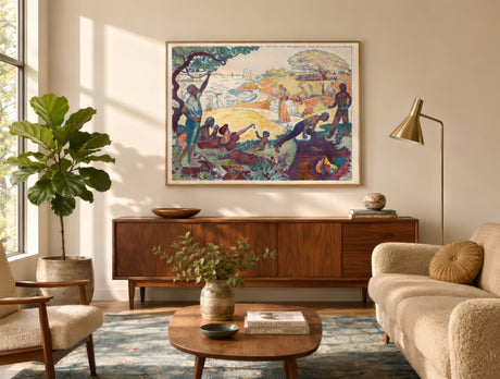 Pointillist riverside figures painting in gold and violet, light wood frame above a mid-century walnut console in a sunlit living room.