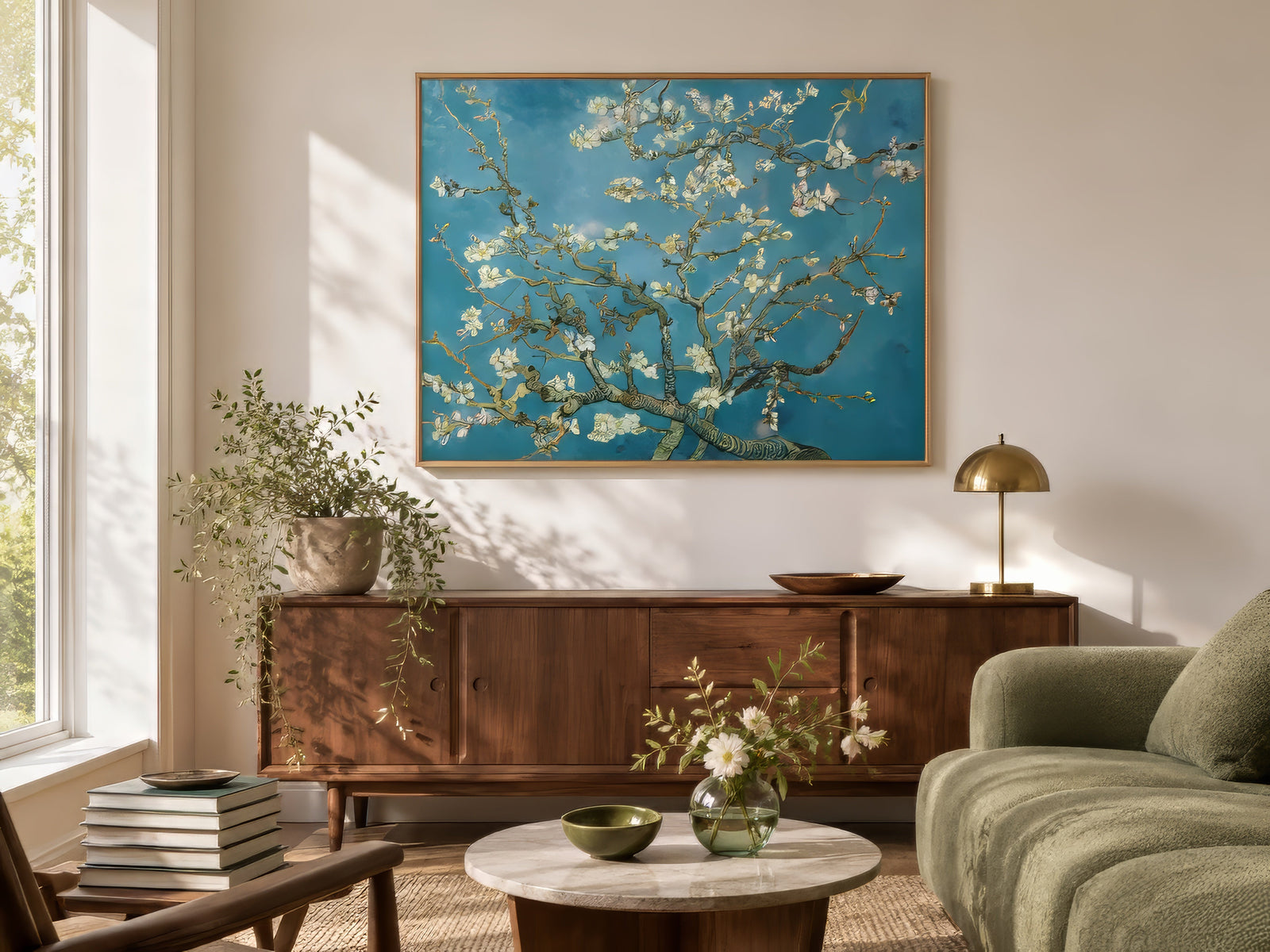 Almond Blossom painting in Post-Impressionist style, white blooms on turquoise, framed above a walnut console in a sunlit living room.