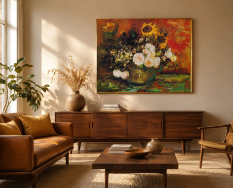Impressionist floral still life with sunflowers and white roses in warm red and gold tones, framed above a walnut console in a mid-century living room.