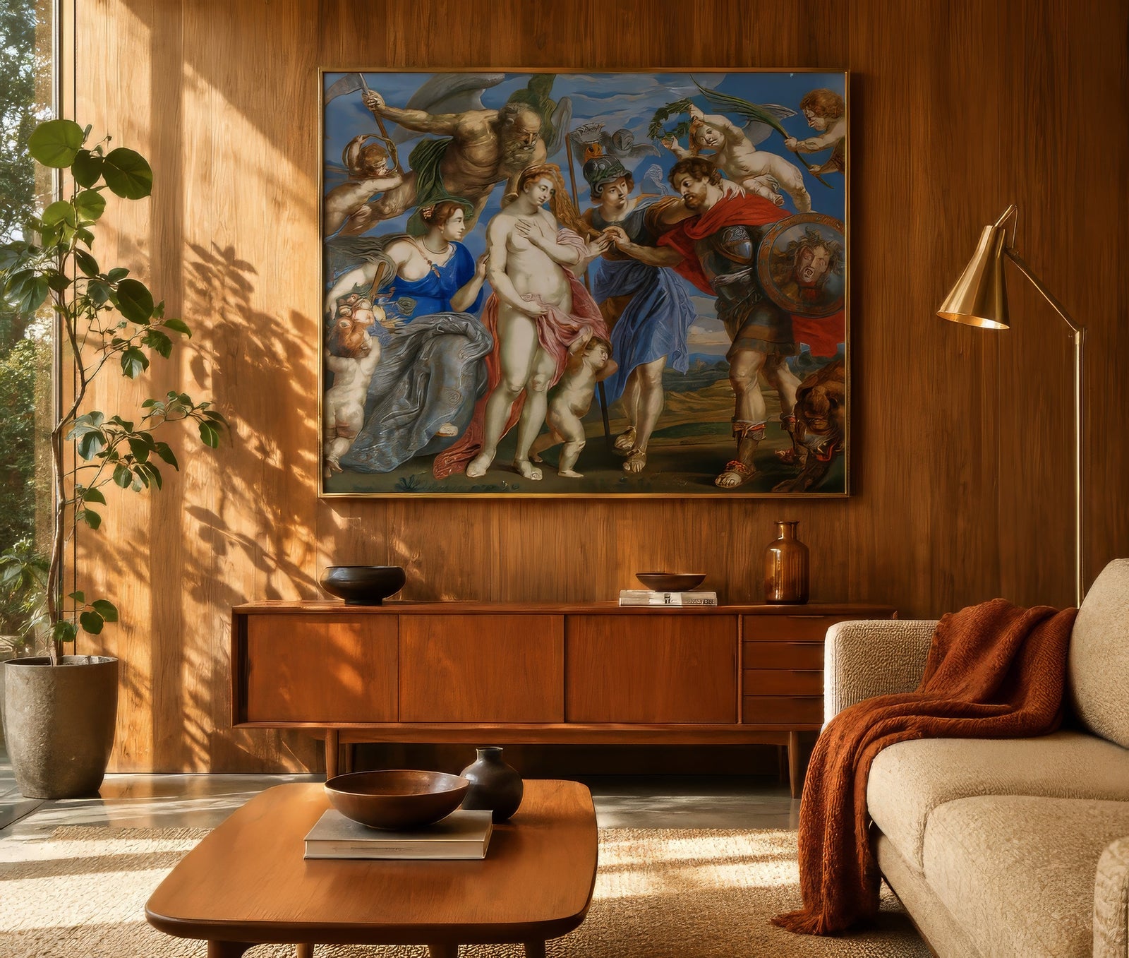 Baroque classical figure painting in ivory, blue, and earth tones, framed above a wood console in a warm wood-paneled living room.