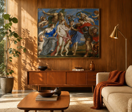 Baroque classical figure painting in ivory, blue, and earth tones, framed above a wood console in a warm wood-paneled living room.