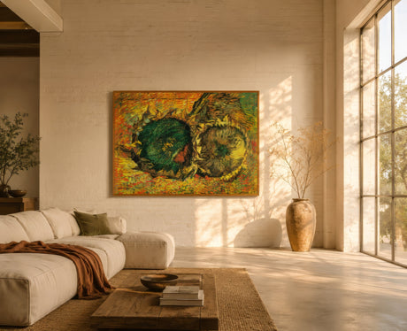 Impressionist sunflower painting in green, gold, and amber with thick brushwork, framed above a sofa in a calm modern living room.