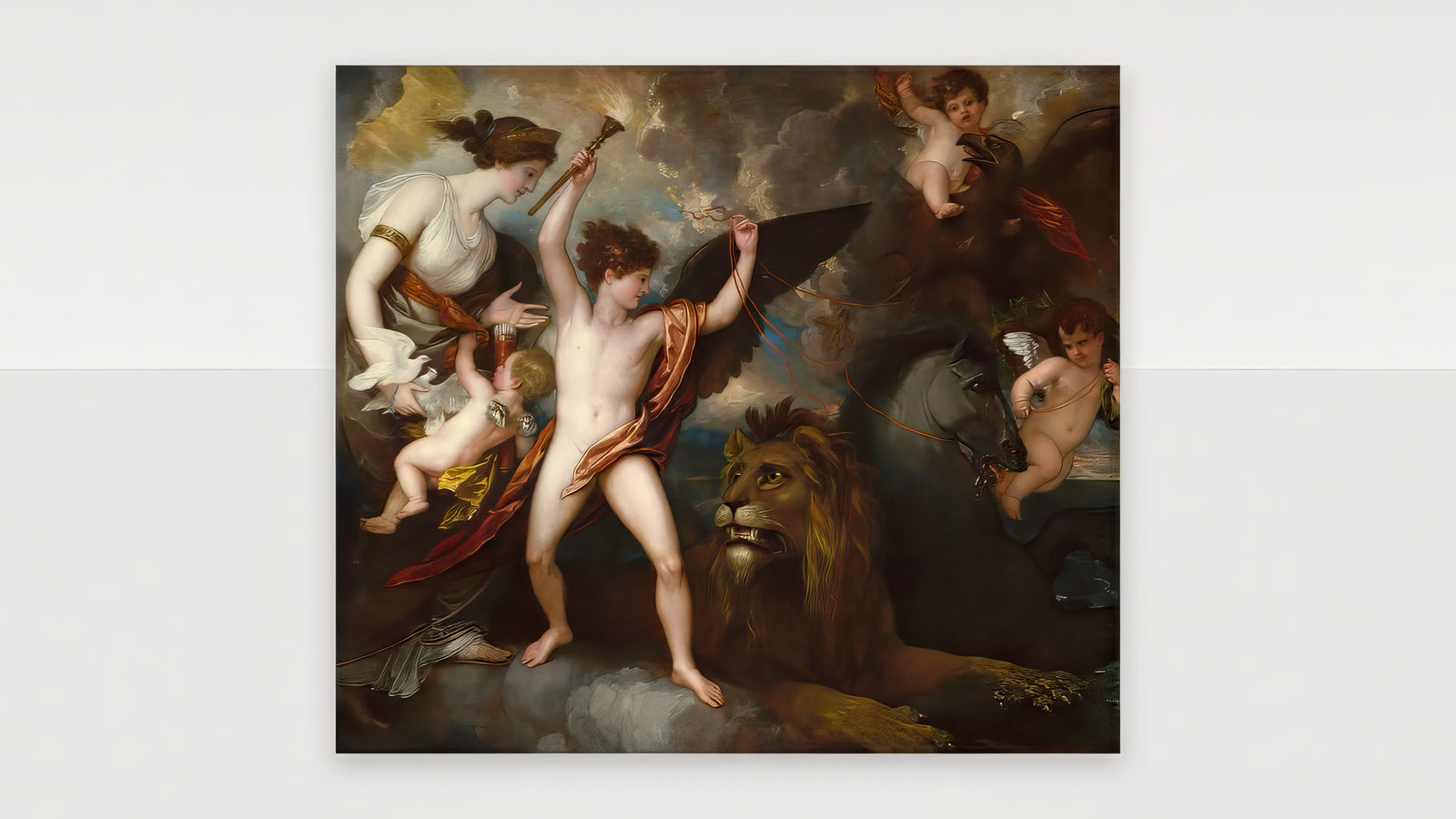 Neoclassical mythological print of a nude classical hero, lion, and cherubs in gold and ochre, framed above a sofa in a calm living room.