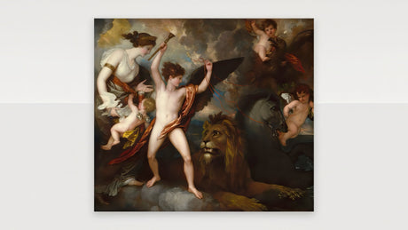 Neoclassical mythological print of a nude classical hero, lion, and cherubs in gold and ochre, framed above a sofa in a calm living room.