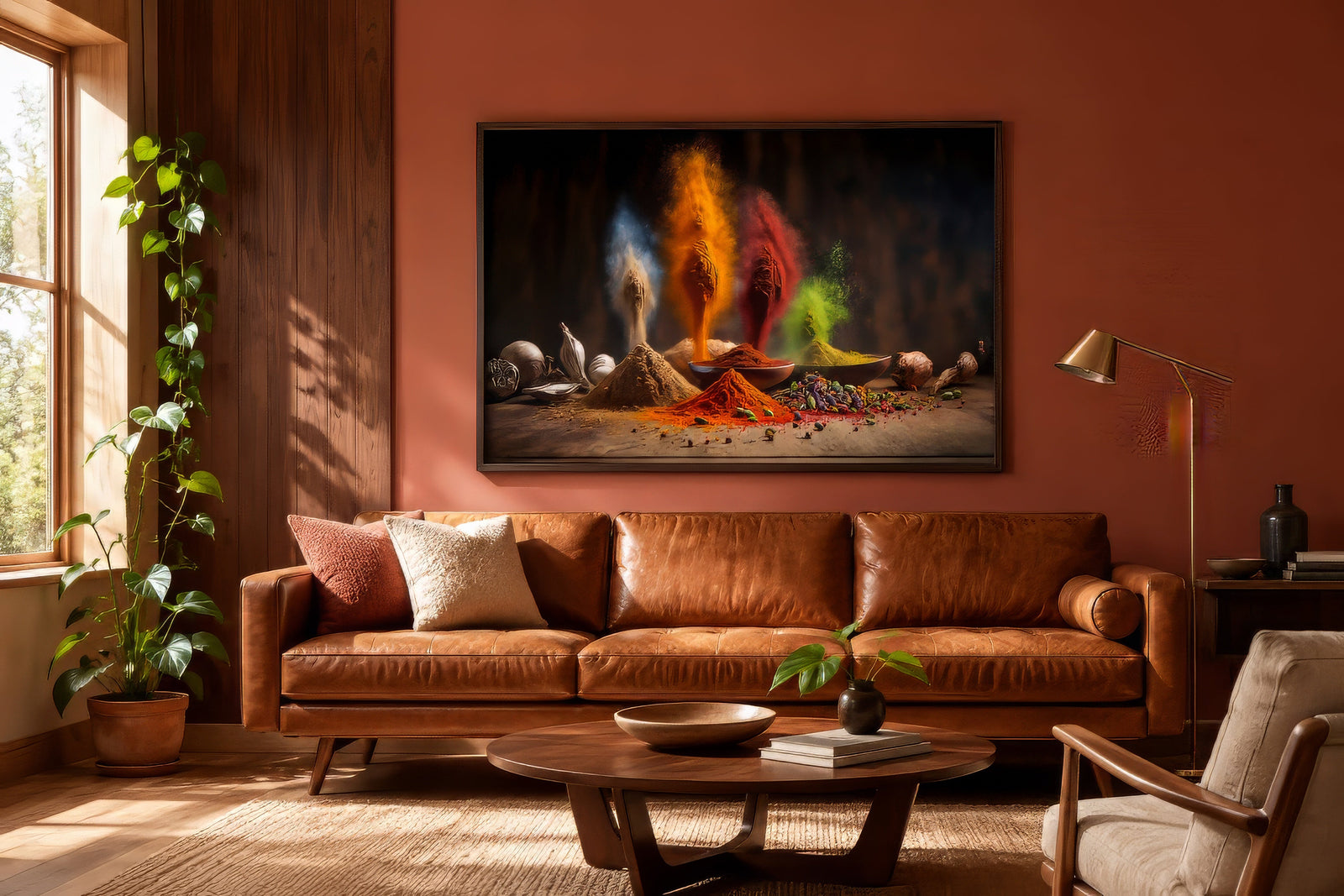 Spice still life canvas in terracotta, gold, and crimson, framed above a leather sofa in a warm earth-toned living room.