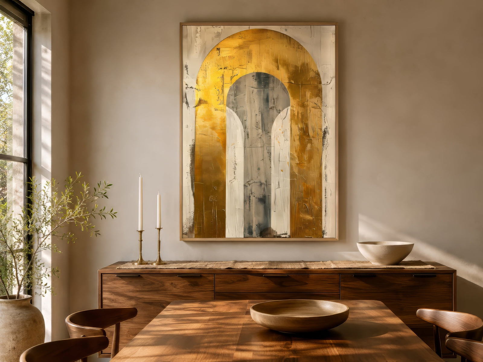 Abstract golden arch canvas in gold, ivory, and grey, framed above a wooden sideboard in a warm evening dining room.