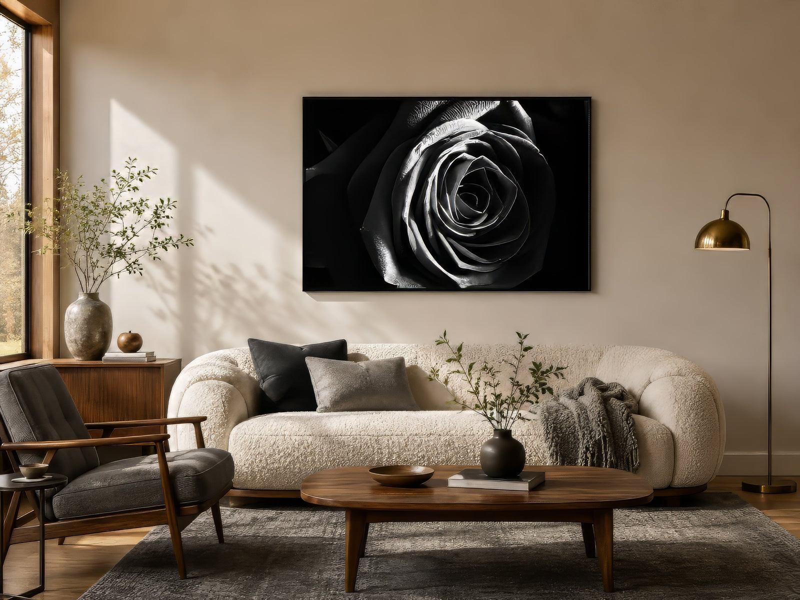 Black and white fine art photograph of a close-up rose, framed above a boucle sofa in a warm neutral living room.