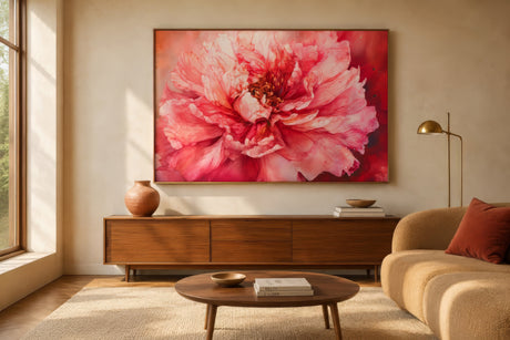 Large abstract peony flower canvas in pink and coral, anchoring an open-plan living room above wood sideboard, warm sunlit mood.
