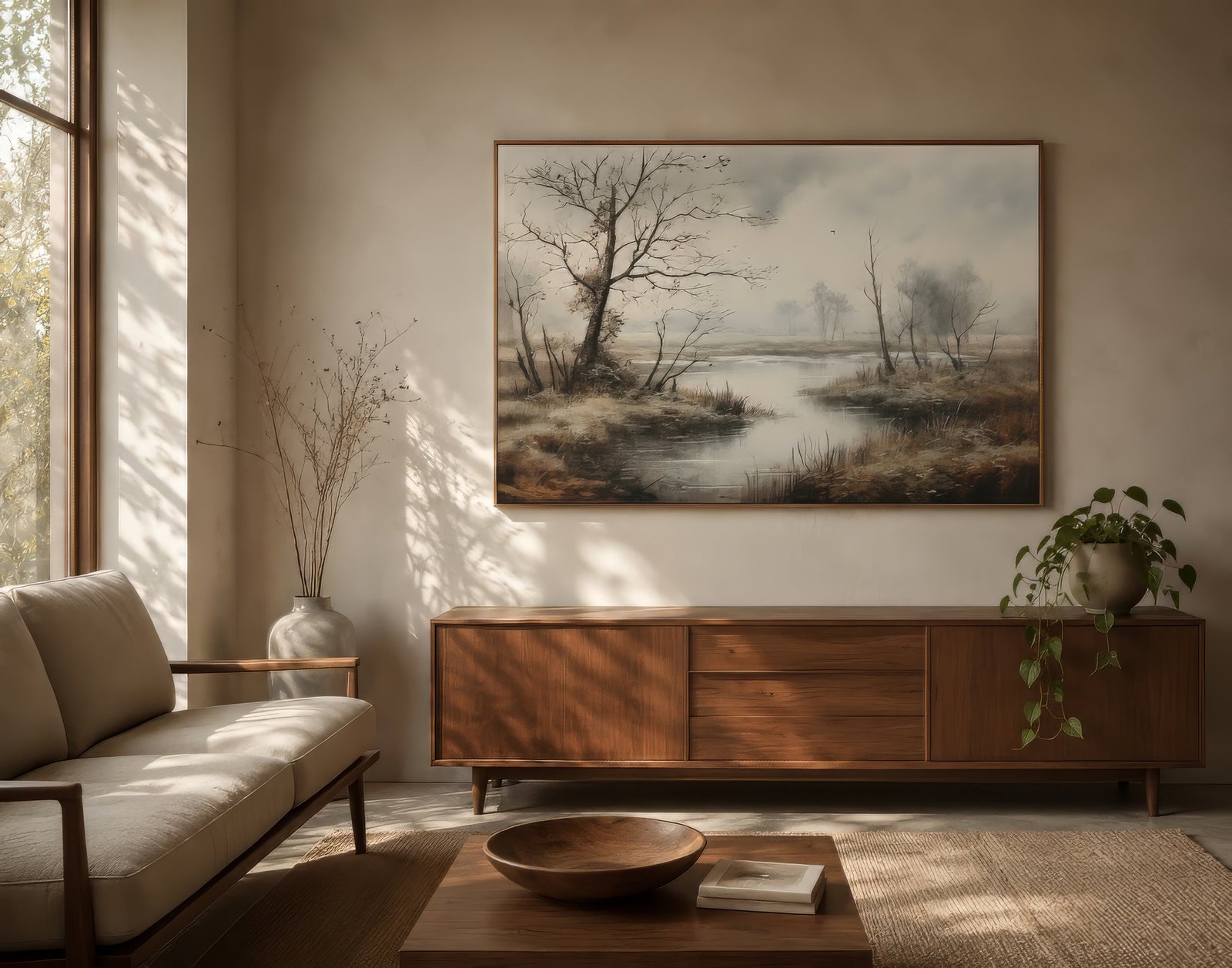 Vintage wetland landscape print with bare trees and misty stream in muted beige and gray, warm walnut frame above a linen sofa in a neutral living room