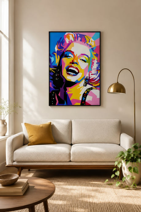 Marilyn Monroe pop art portrait in vivid pink, blue, and yellow, framed above a sofa in a bright neutral living room.
