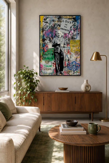 Mixed-media graffiti collage of a standing figure in pink, blue, and gold, framed above a neutral sofa in a sunlit modern living room.