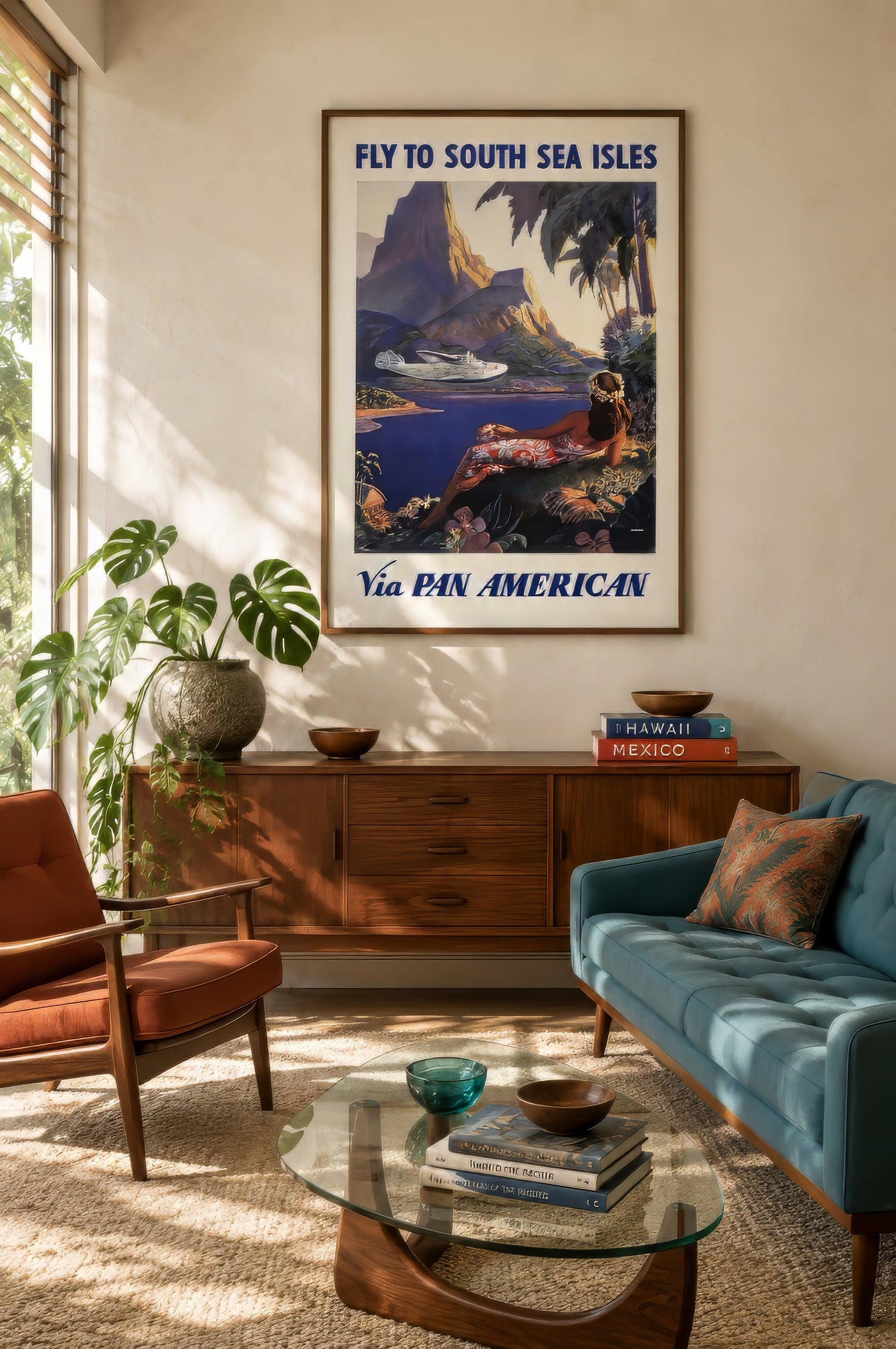 Vintage Pan American South Sea Isles travel poster in walnut frame above a teal sofa in a warm mid-century living room.