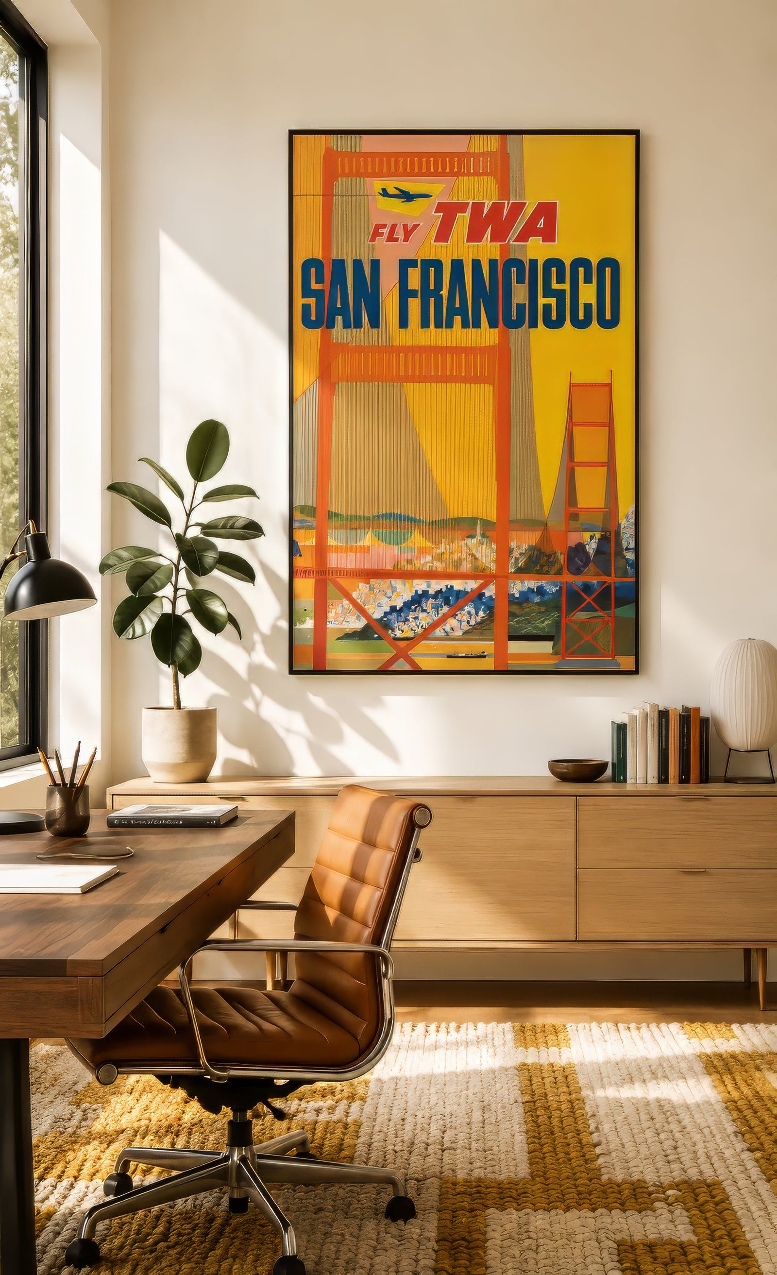 Vintage TWA San Francisco travel poster of the Golden Gate Bridge in red and yellow, framed in black above a wood desk in a sunlit modern home office.