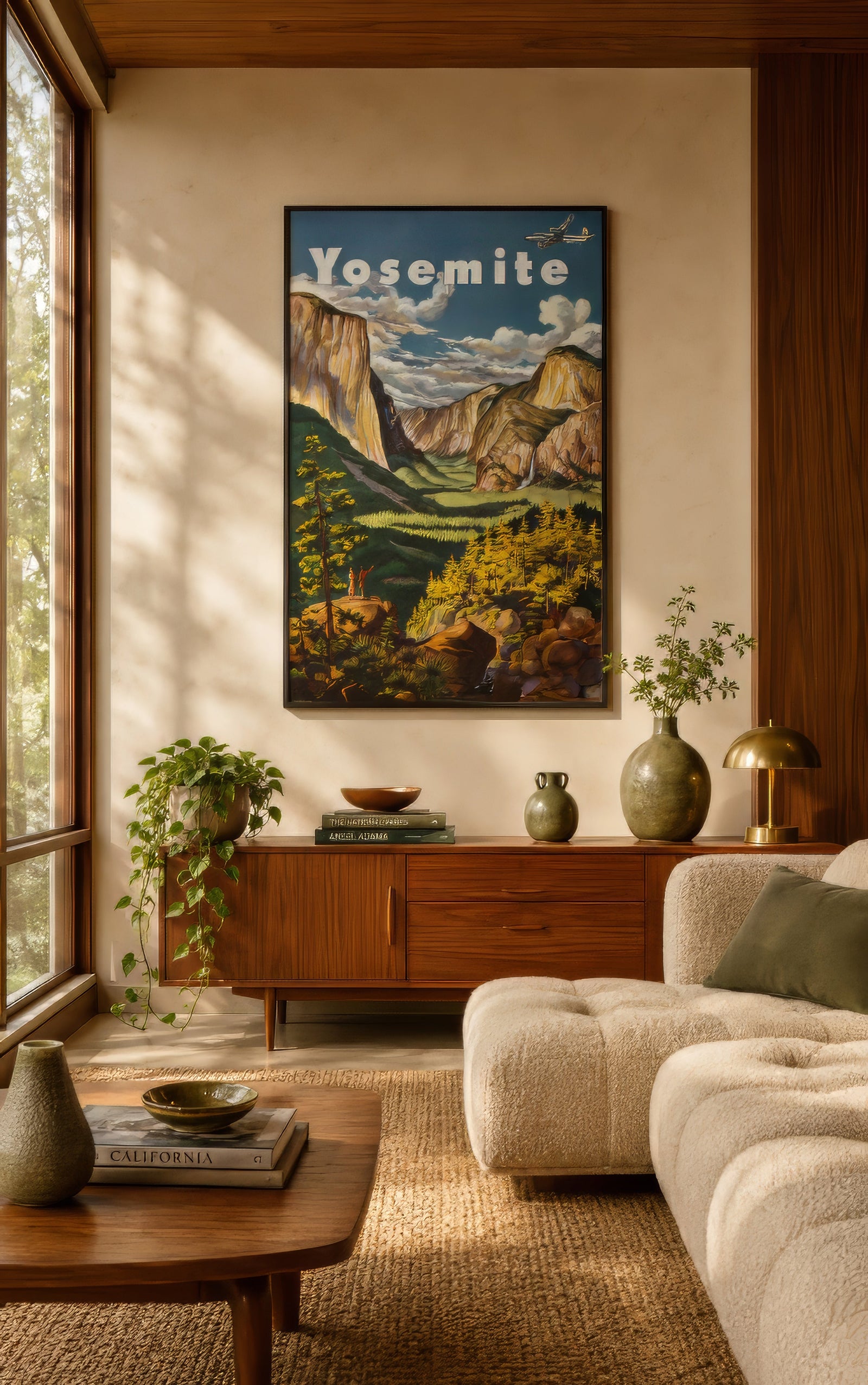 Yosemite National Park vintage travel poster in green and gold, framed above a wooden console in a sunlit mid-century living room.