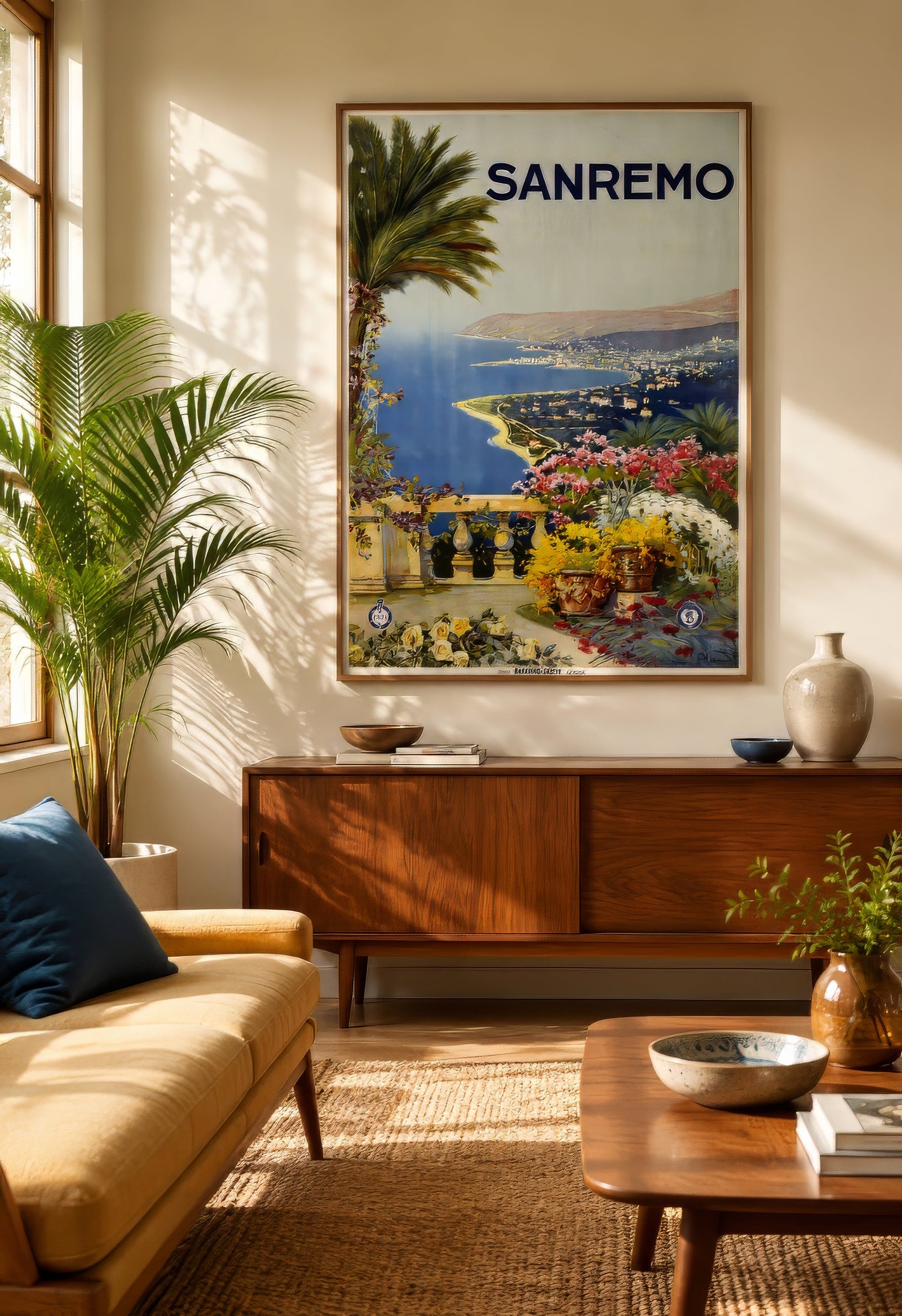 Retro Sanremo travel poster showing the Italian Riviera coast with blue sea and flowers, framed above a wood credenza in a warm neutral living room.