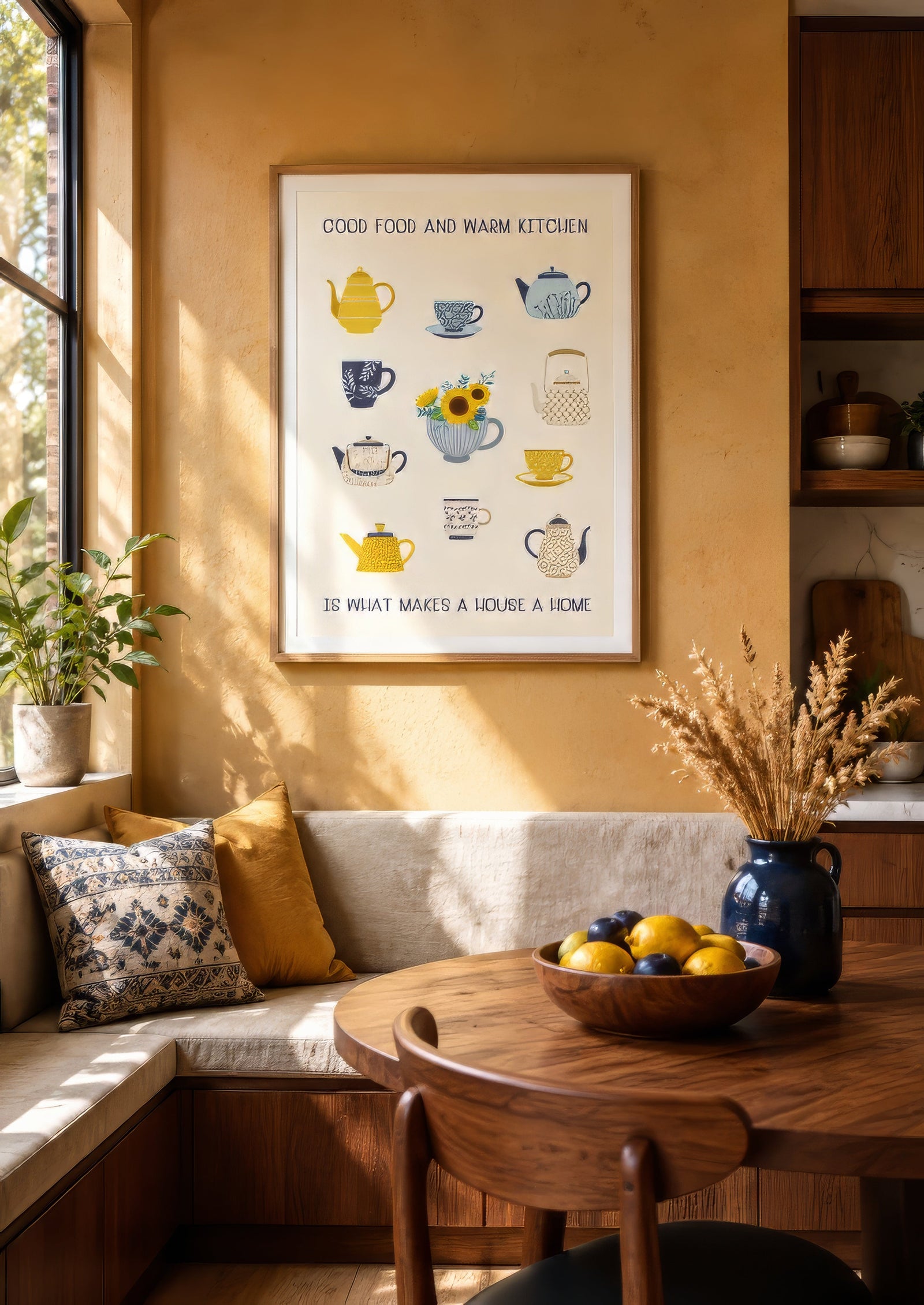Hand-lettered kitchen poster of teapots and sunflowers in yellow and blue, framed above a cozy farmhouse breakfast nook.
