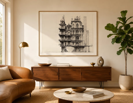Black and white architectural sketch of an ornate building facade, framed above a wood console in a warm modern entryway.