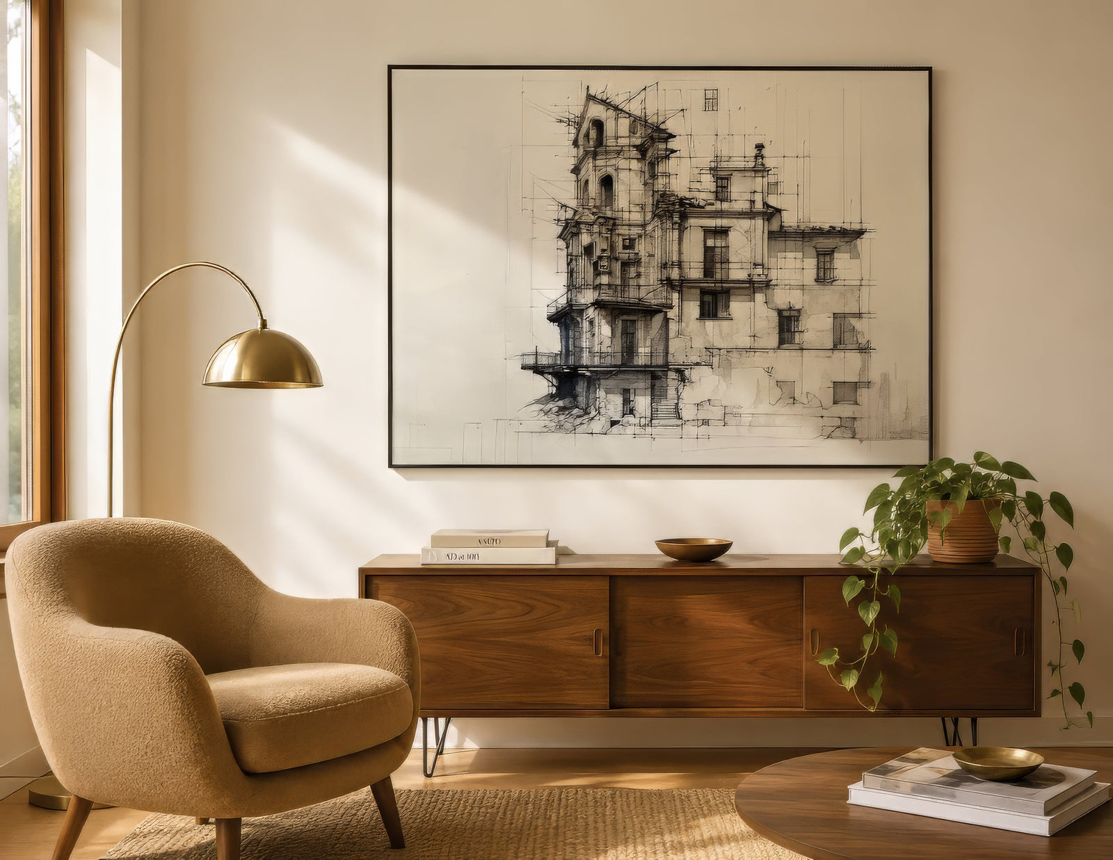 Black and white architectural sketch of a Victorian mansion, framed above a mid-century sideboard in a warm neutral apartment.