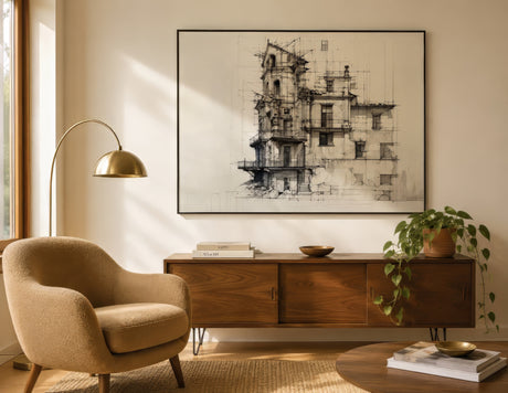 Black and white architectural sketch of a Victorian mansion, framed above a mid-century sideboard in a warm neutral apartment.