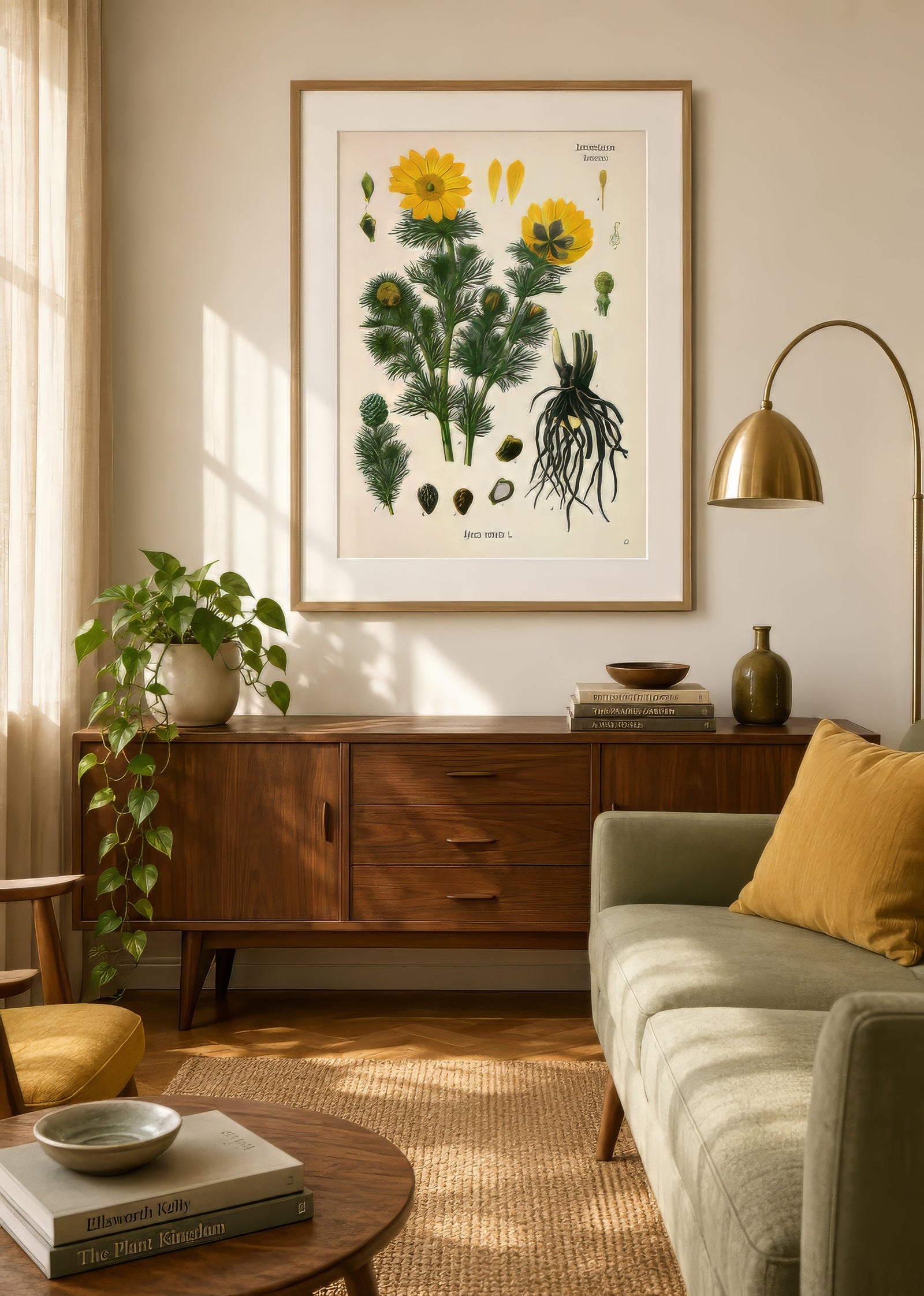 Framed vintage botanical print of a yellow wildflower with roots, above a wood sideboard in a warm sunlit living room.
