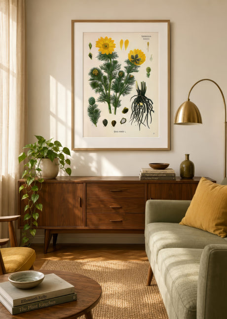 Framed vintage botanical print of a yellow wildflower with roots, above a wood sideboard in a warm sunlit living room.