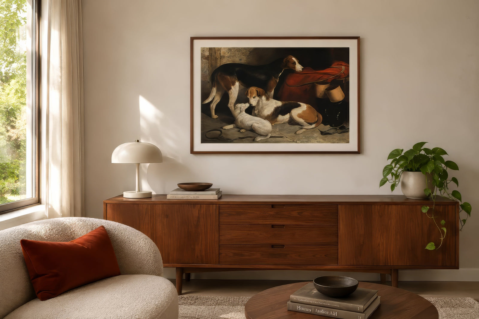 Vintage foxhound hunting print in solid wood frame with cream mat, hung above walnut sideboard in warm sunlit living room.