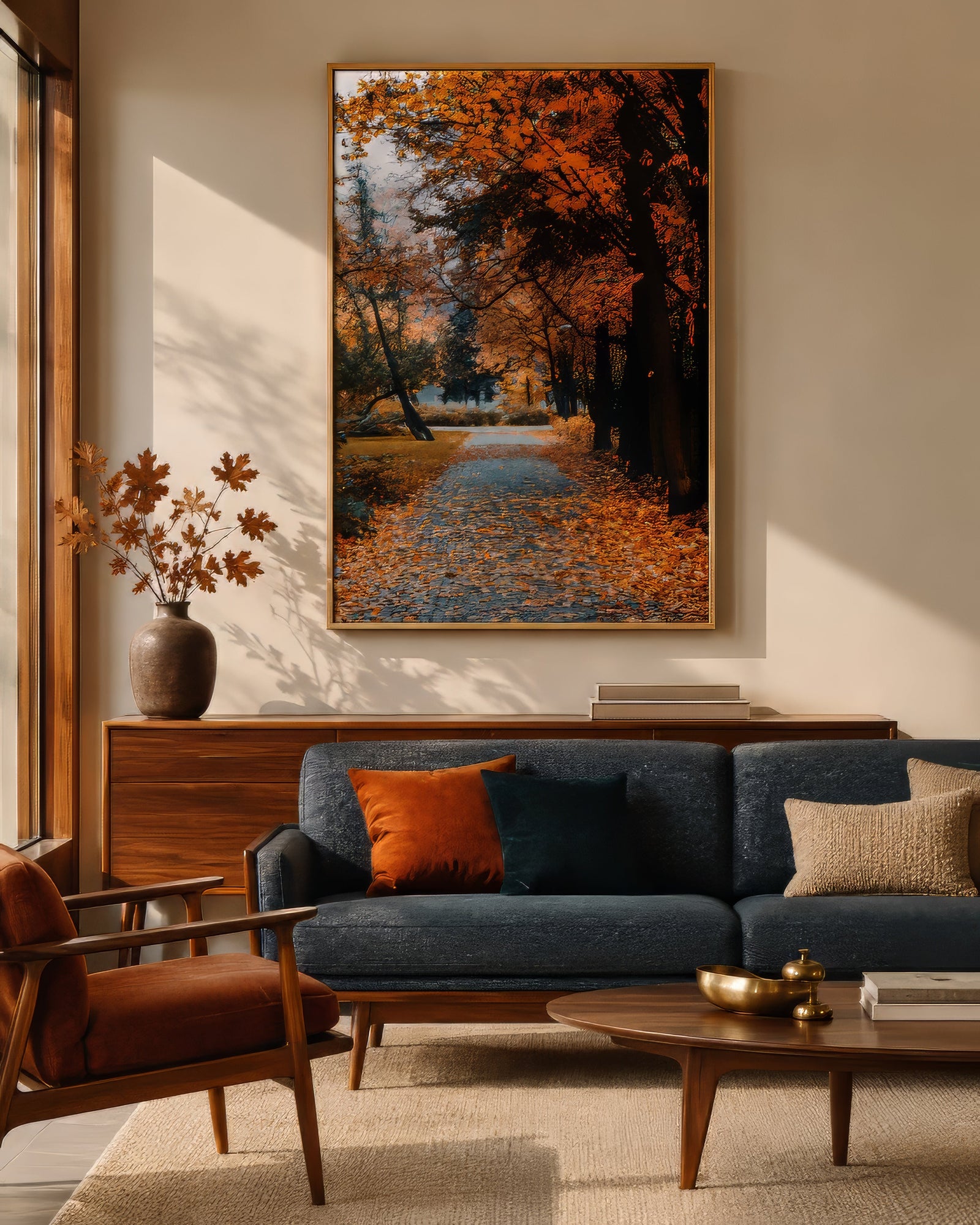 Fall foliage landscape canvas in golden orange and brown, framed in wood above a navy sofa in a cozy living room.