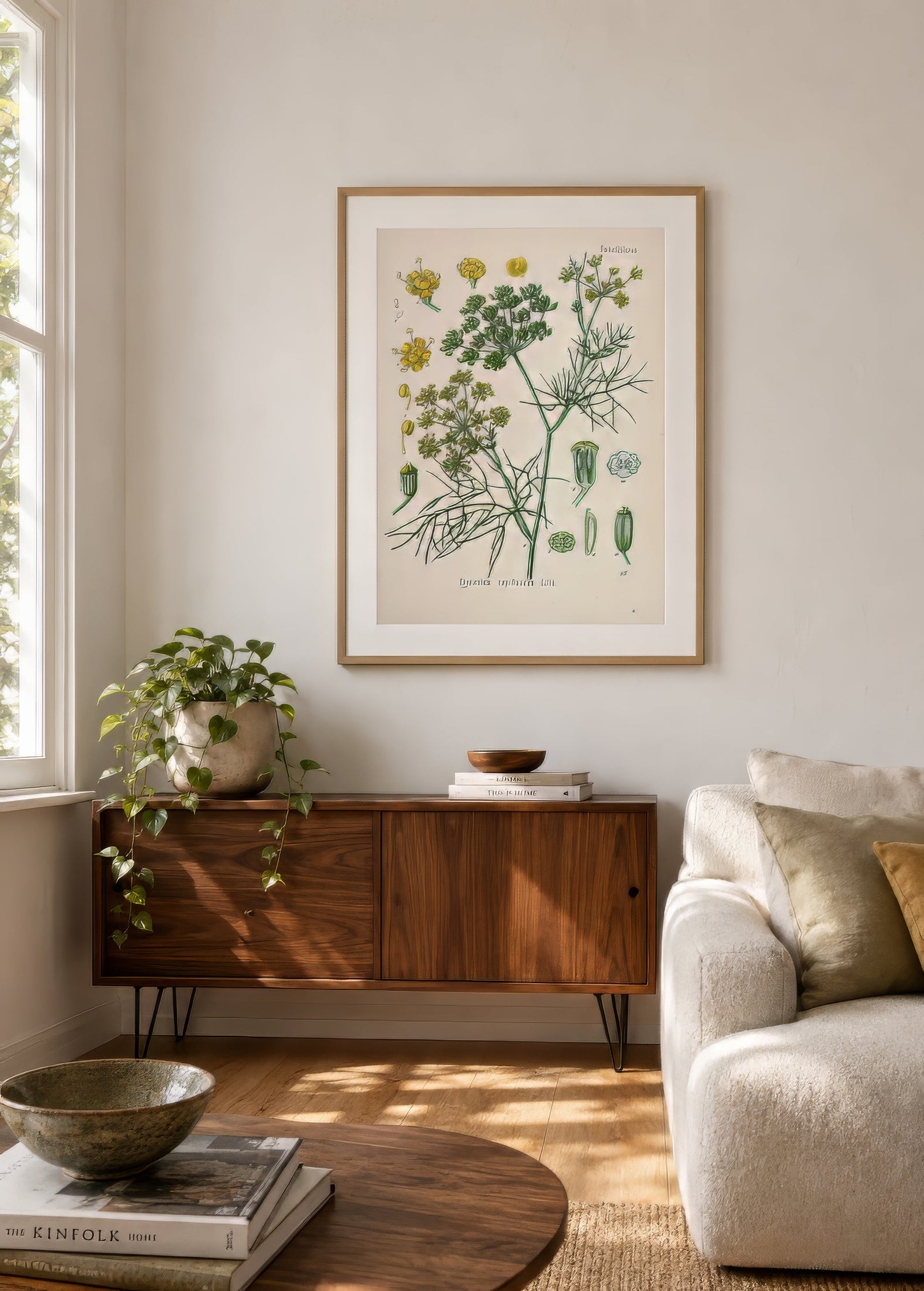Antique dill botanical print in muted green and yellow, slim oak frame above a walnut console in a sunlit Scandinavian living room.