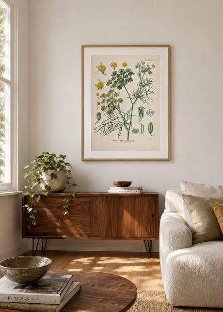 Antique dill botanical print in muted green and yellow, slim oak frame above a walnut console in a sunlit Scandinavian living room.