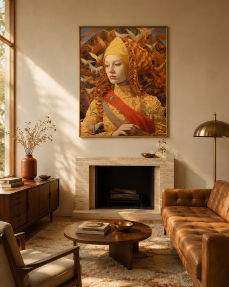 Vintage Baroque-style portrait of a woman in gold and red, gilt frame above a fireplace in a warm mid-century living room.