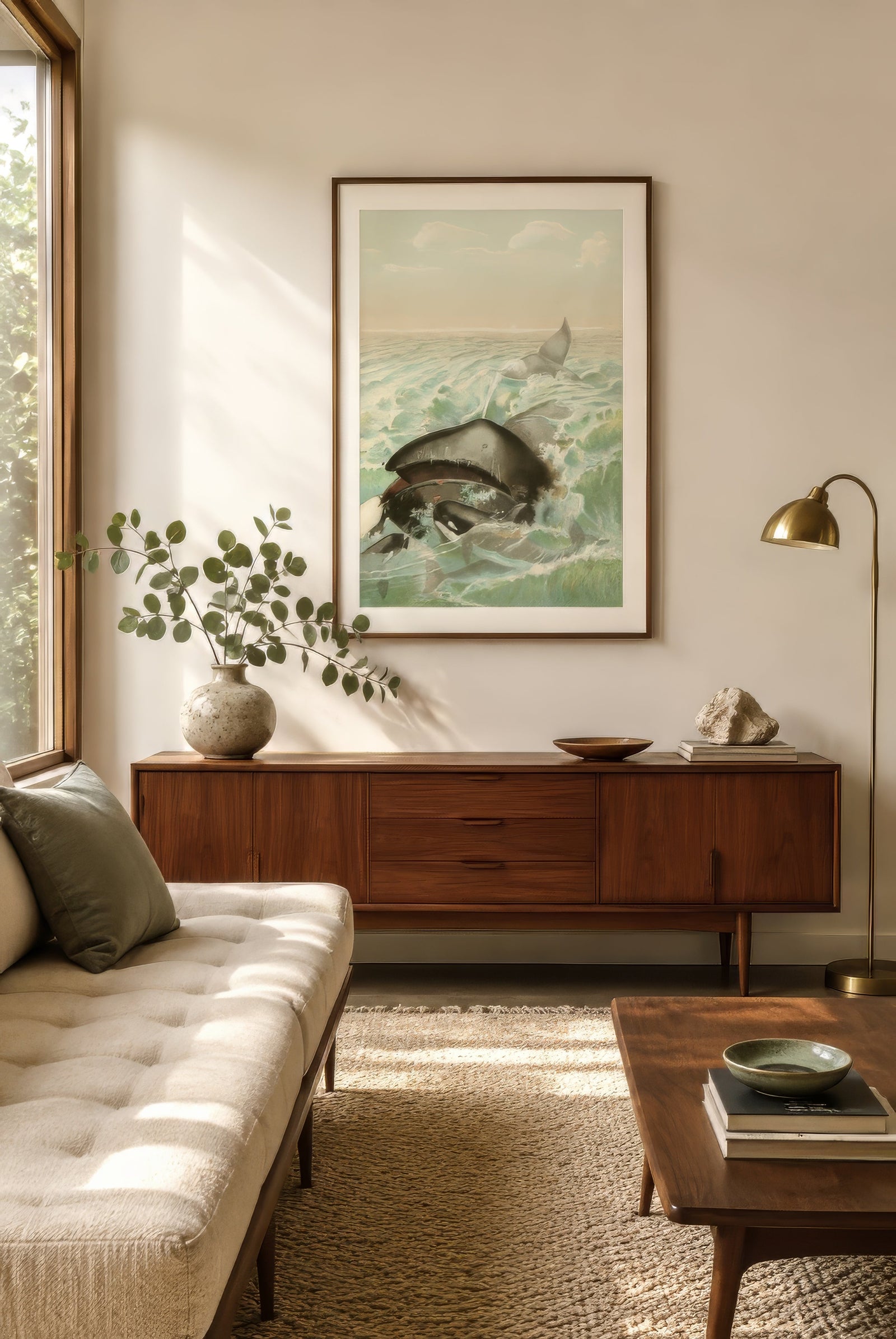 Vintage-style whale print in turquoise and peach, walnut frame and white mat, hung in a mid-century living room above a teak credenza.