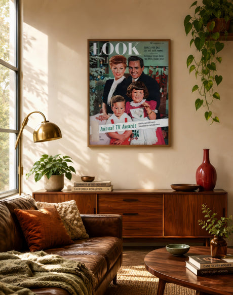 Framed vintage LOOK magazine cover with a 1960s family portrait in warm tones, above a leather sofa in a sunlit living room.