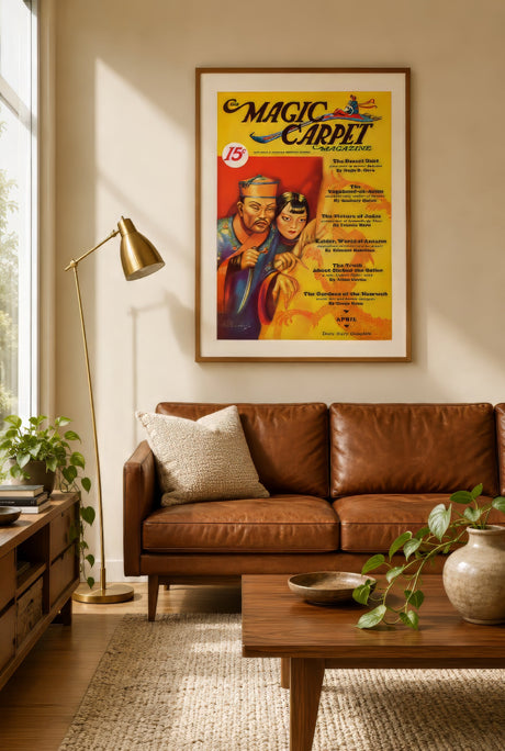 Framed Magic Carpet vintage magazine cover print in red and gold, warm wood frame with cream mat, cozy living room.