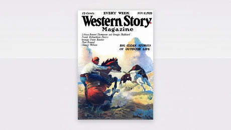 Framed vintage Western Story Magazine cover in blue, tan, and red, hung above a linen sofa in a warm neutral living room.
